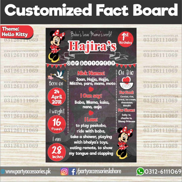 Customized first birthday Fact board / Milestone Board in Minnie Mouse theme