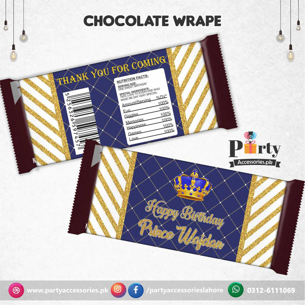 Customized chocolate label wraps in crown Prince birthday theme