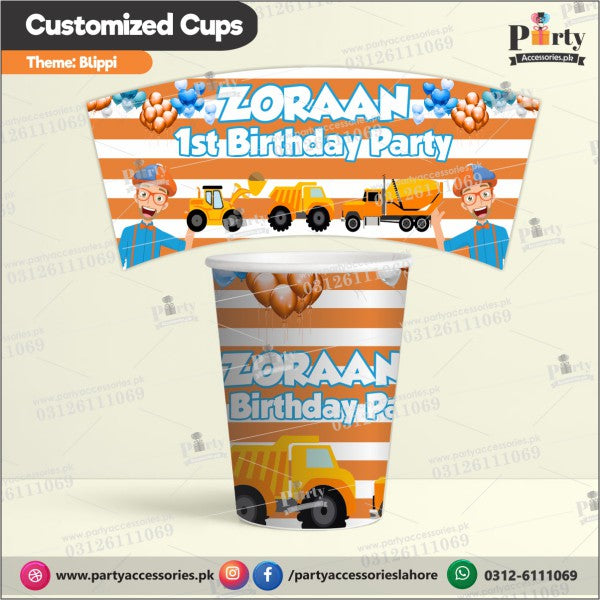 Customized disposable Paper cups in Blippi theme party table decoration ideas