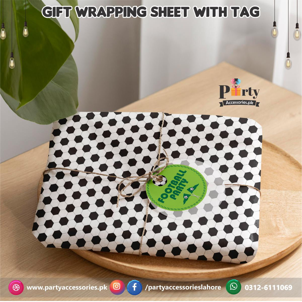 Gift Wrapping Sheet With a Tag And Jute Ribbon In Football Theme Party ...