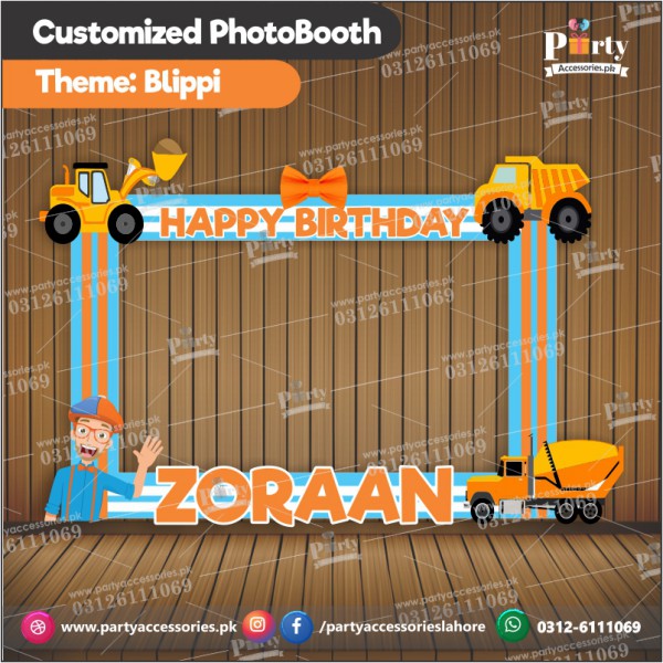 Customized Photo Booth / Selfie frame in blippi theme birthday party selfie taking decoration ideas