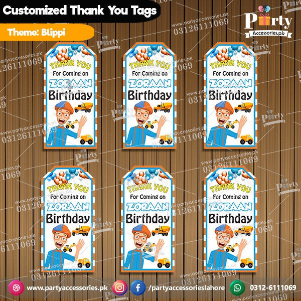 Customized Gift / Thank you tags in Blippi theme gift pack decoration ideas