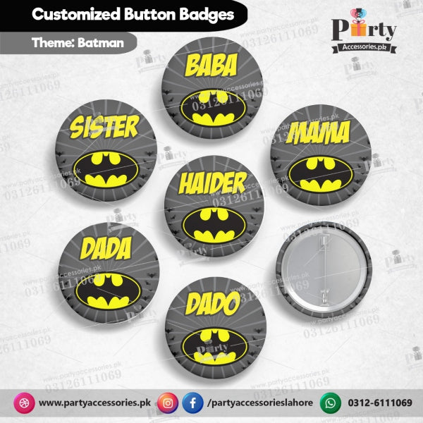 Customized Batman theme button badges for birthday parties