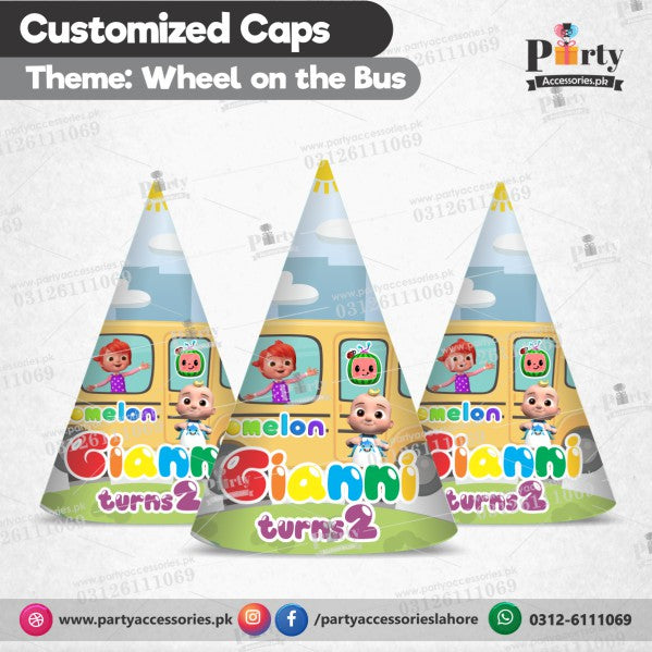 Customized Cone shape caps in Wheels on the Bus theme birthday party