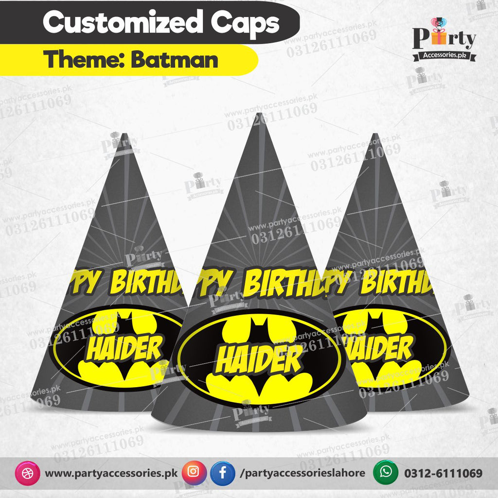 Customized Cone shape caps in Batman theme birthday party