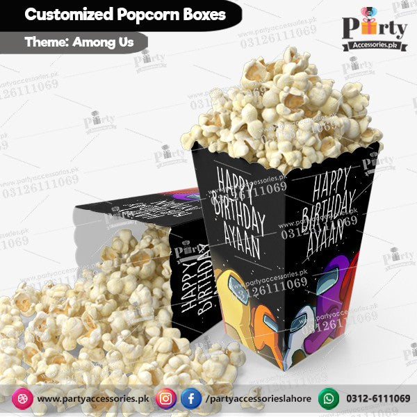 Customized Popcorn boxes in Among Us themed birthday party