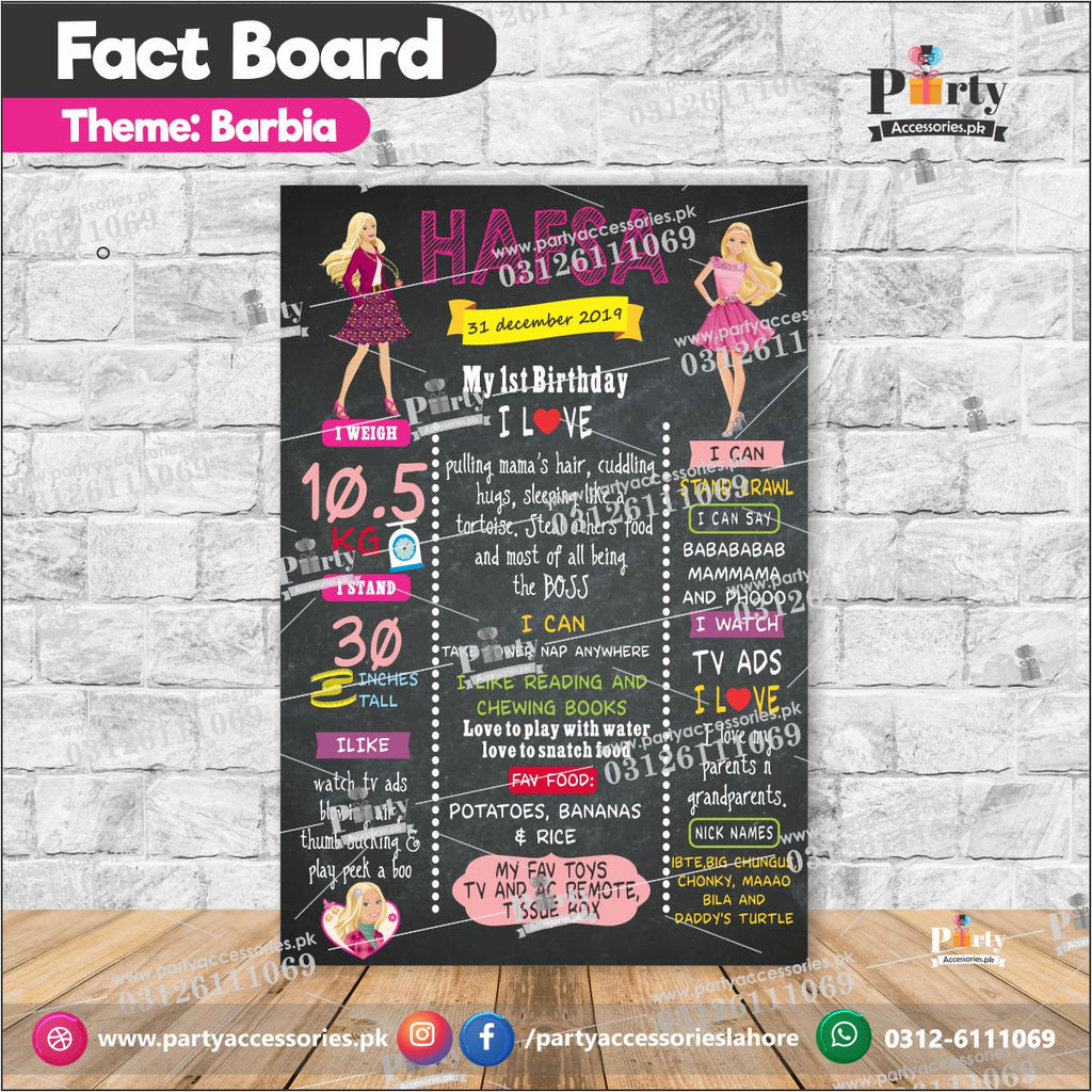 Barbie theme Customized first birthday Fact board / Milestone Board for Wall Decoration