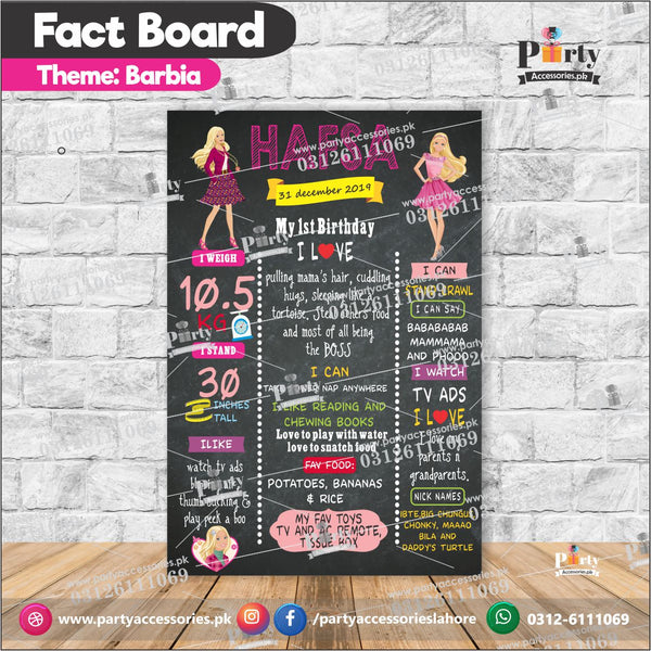 Barbie theme Customized first birthday Fact board / Milestone Board for Wall Decoration