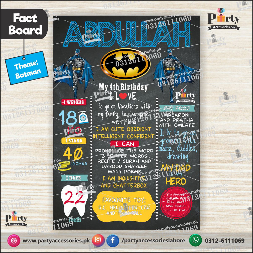 Batman themed Customized first birthday Fact board / Milestone Board