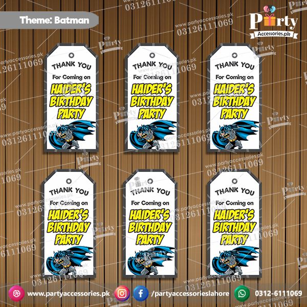 Customized Gift tags / Thank you tags in Batman theme for Birthday Parties