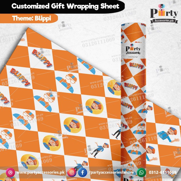 Gift wrapping sheets for Blippi theme birthday party