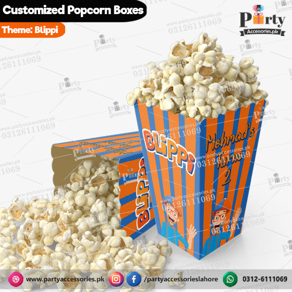 Customized Popcorn boxes for blippi themed birthday party table decoration ideas