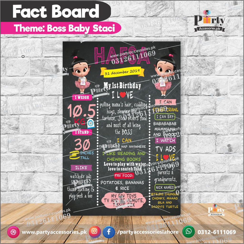 Customized boss baby stacy theme first birthday Fact board 