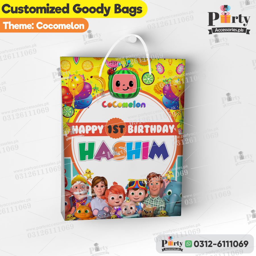 customized goody bags in cocomleon theme birthday party 
