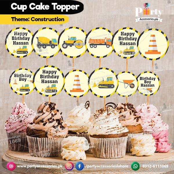 Construction theme customized birthday cupcake toppers set