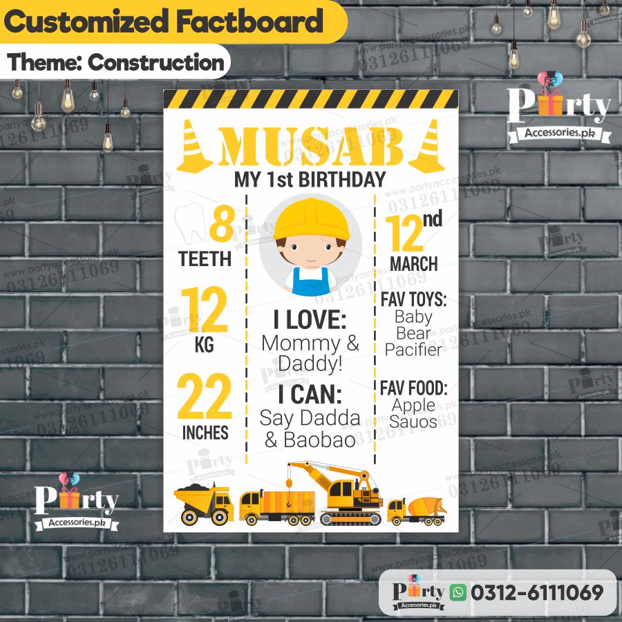 Construction theme first birthday Fact board / Milestone Board pinterest ideas 
