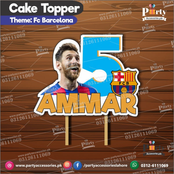 FC Barcelona theme birthday cake topper customized on card