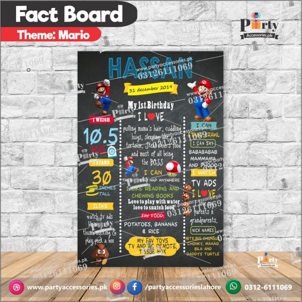 Customized Super Mario theme first birthday Fact board / Milestone Board