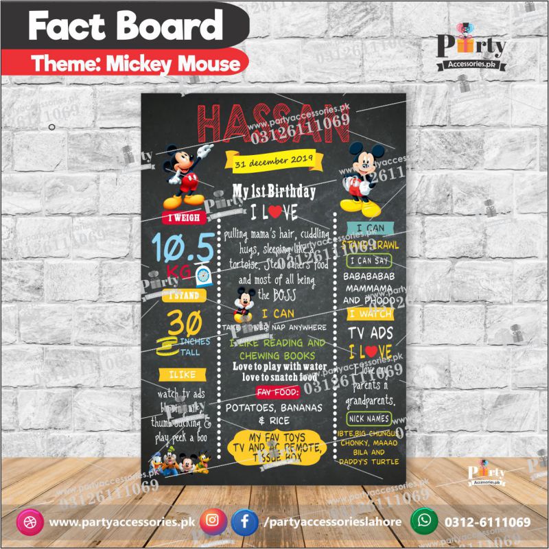 Customized Fact board / Milestone board in Mickey Mouse theme for wall decoration