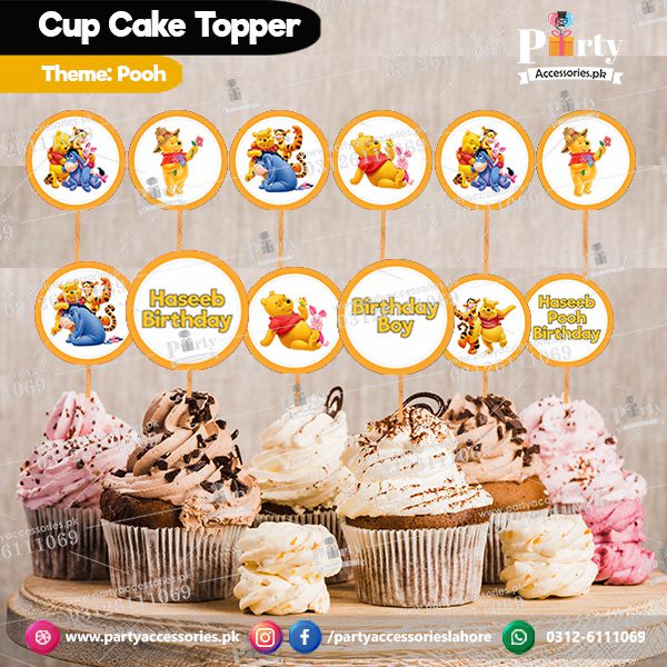 Pooh theme birthday cupcake toppers set round