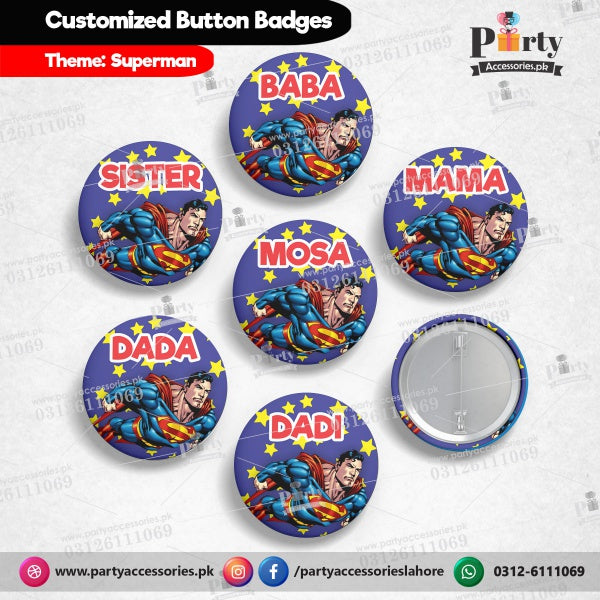 Customized Superman theme button badges for birthday parties