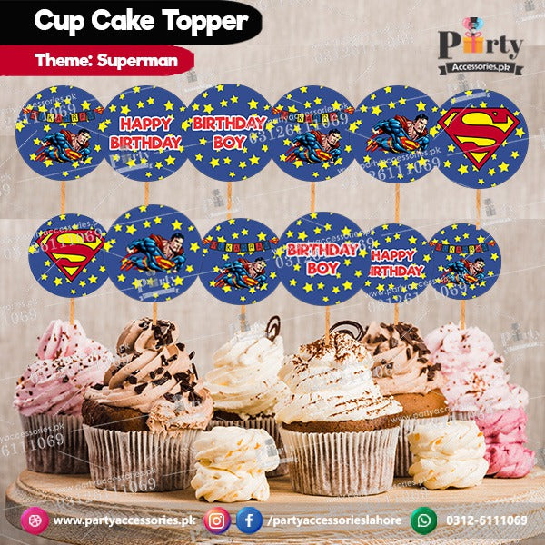 Superman theme customized birthday cupcake toppers set round