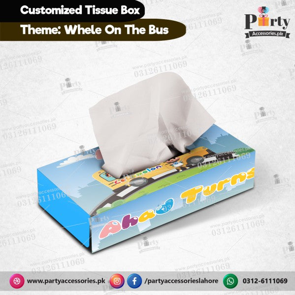 Customized Tissue Box in Wheels on the Bus theme birthday table Decor