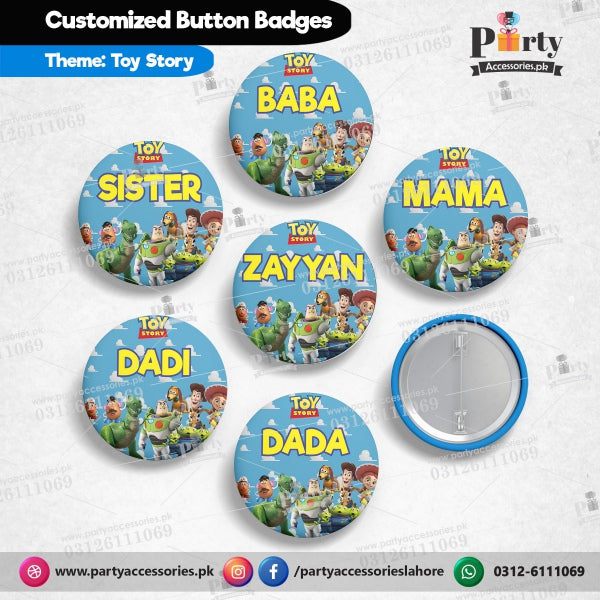 Customized Toy Story theme button badges for birthday parties