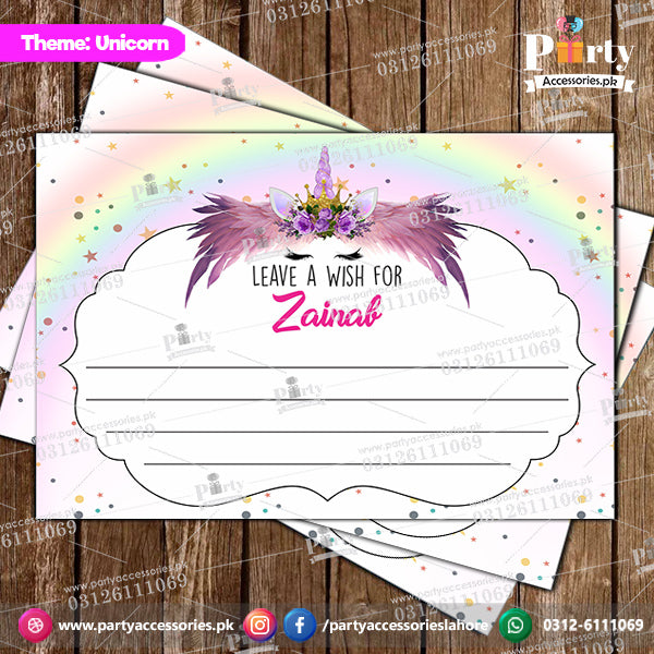 Customized wish cards in Unicorn theme birthday